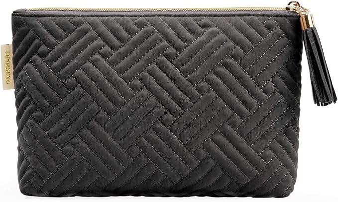 BAGSMART Small Makeup Bag, Elegant Cosmetic Pouch with Tassel, Soft Water-Resistant Travel Organizer for Women, Cosmetics & Everyday Essentials, Black