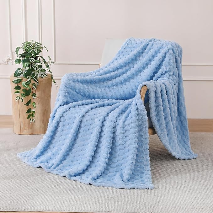 Light Blue Fleece Throw Blanket 50"×60" for Couch Sofa Bed | Super Soft Cozy Plush Microfiber Flannel, 3D Jacquard Lightweight for Mom Woman