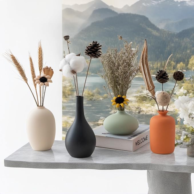 Vase Set of 4 with Dried Flower for Shelf Home Decor Matte Ceramic | For Modern Minimalist Bohemian, Pampas Grass, Home, Office, Shelf, Living Room, Bedroom,Entryway,Farmhouse Decor
