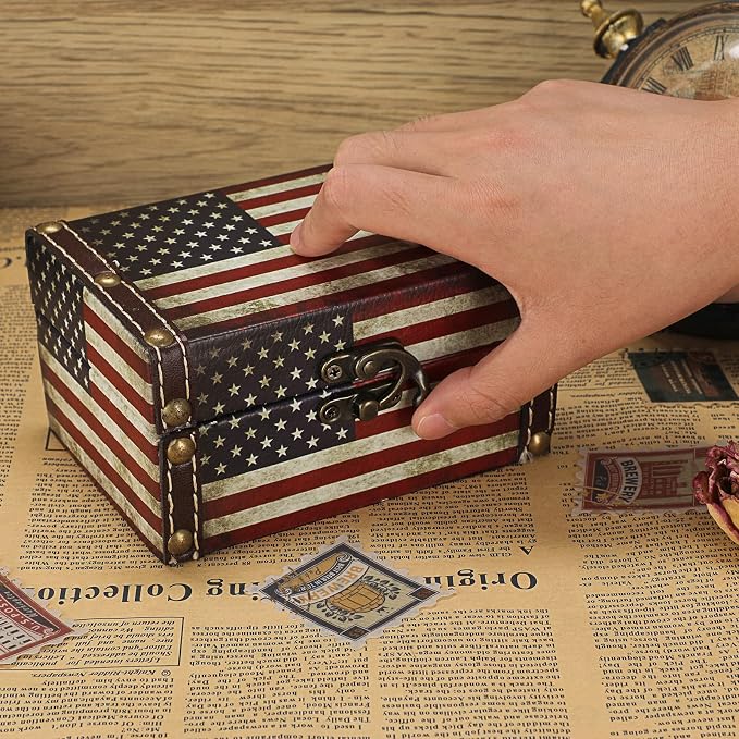 Hipiwe American Flag Treasure Chest Box Wooden + PU Leather Jewelry Boxes | Vintage Decorative Jewelry Trinket Box Memento Box Small Keepsake Boxes Gifts