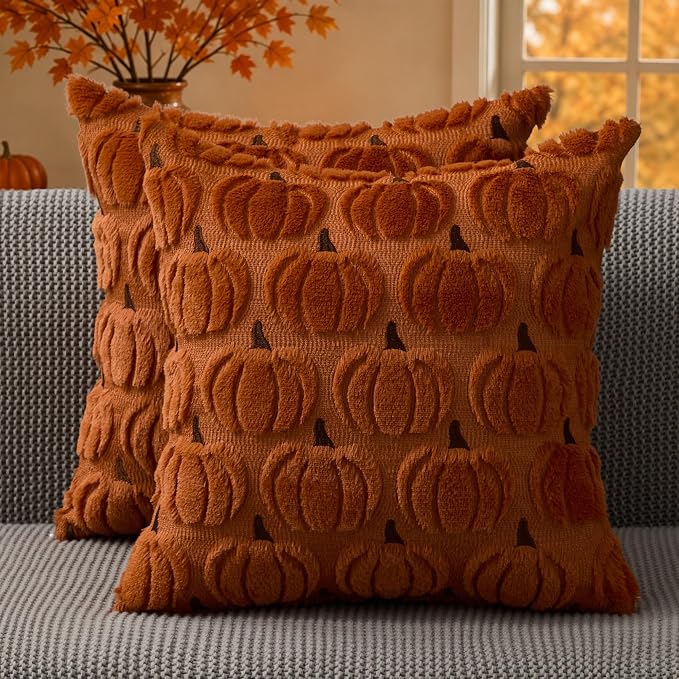 DFXSZ Fall Pillow Covers 20x20 2Pcs Rust Brown Pumpkin Fall Decorations | Fall decor Set of 2 Throw Pillow Cases Soft Plush Faux Fur Wool Couch Cushion for Chair Sofa Bedroom Living Room Home Decor
