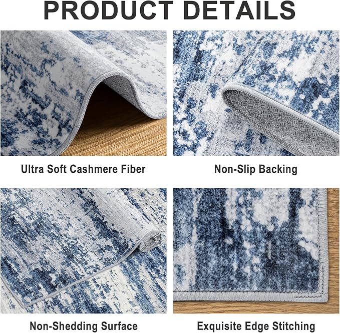 Area Rugs Living Room Rug - 4x6 Washable Modern Abstract Soft Neutral Non-Slip Carpet Large Indoor Floor Thin Carpets for Bedroom Dining Room Farmhouse Nursery Home Office Blue Gray