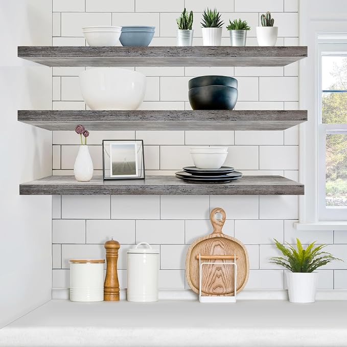 Sorbus Floating Shelves for Wall - 48 Inch Long Bathroom Shelves, Wall Decor for Bedroom, Kitchen, Living Room & Book Storage - Mounted Floating Shelf with Invisible Brackets (Gray, 3 Pack)