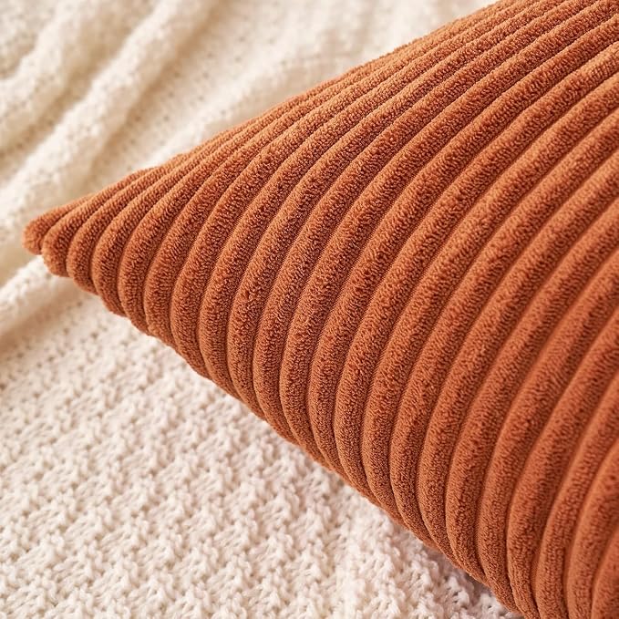 MIULEE Fall Decorative Corduroy Throw Pillow Covers Set of 2 20x20 Rust | Soft Striped Textured Cushion Cases, Boho Rustic Square Pillowcases for Home Decor, for Couch Chair Sofa Bed Living Room