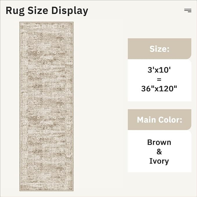 Soalmost Washable 3x10 Hallway Runner Rug Non-Slip Kitchen Entry Rugs Brown | Vintage Long Runners 10ft for Bathroom Laundry Room, Foldable Low-Pile Wide Floor Carpet Mat for Entryway Corridor Bedroom