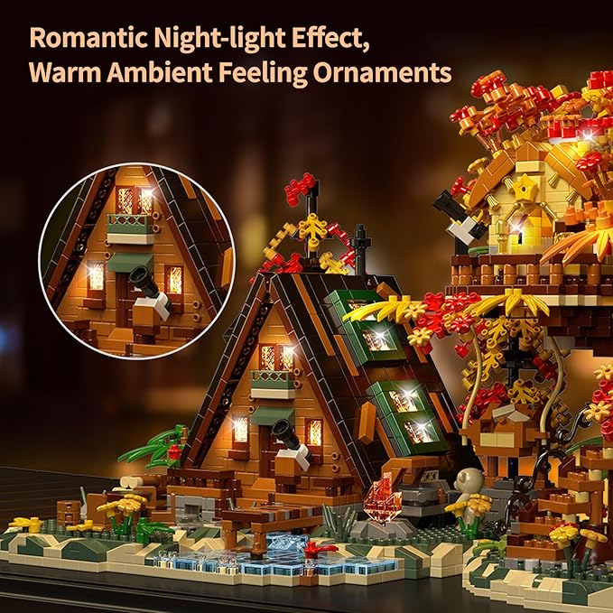 Wood Cabin Building Blocks Set with LED Lights-2151PCS Micro Bricks,Forest Wood House Building Toy Kit,Miniature House Model Decorations, Funny Birthday, for Age8+ Kids Adults