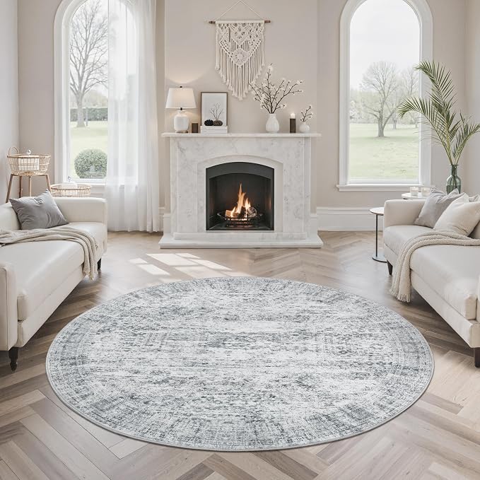 Soalmost 5x5 Grey Round Rug 6ft Circle Living Room Area Rugs Non-Slip | Washable Vintage Indoor Carpet for Dining Bedroom, Low Pile Stain Resistant Foldable Floor Mat Entryway Home Office Decor