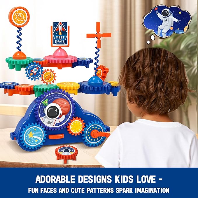 Motorized Spinning Gear Building Toys for Kids, Space Rocket STEM Construction Set, Educational Interlocking Building Blocks Puzzle | Gear Toys for Toddlers Ages 3-8