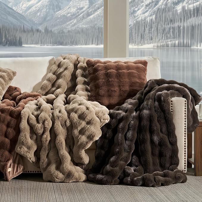 Faux Rabbit Fur Bubble Throw Blanket, 50"x60", Greige | Ultra Soft, Luxury Faux Rabbit Fur Throw, Thick Warm Bubble Blanket, Cozy Fluffy Reversible, for Bed, Couch, Chair, Sofa