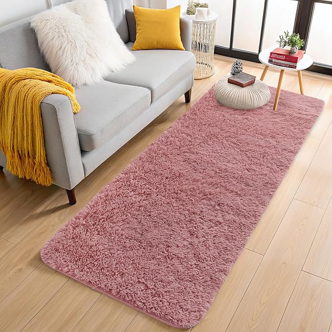 OLANLY 2x8 Machine Washable Runner Rugs for Hallway, Soft Fluffy Shaggy Bedside Rugs for Bedroom, Living Room, Indoor Floor Carpet for Kids Girls Boys, Nursery Rooms, Home Decor Aesthetic, Pale Pink