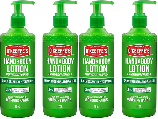 O'Keeffe's Hand and Body Lotion with Glycerin and Shea Butter - 12 oz Pump - Daily Essential Hydration, Heals & Relieves Extremely Dry Skin,(Pack of 4)