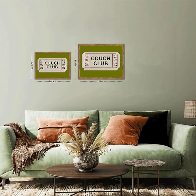 Vintage Framed Wall Art, Couch Club Ticket Canvas Wall Decor Painting, Retro Green Minimalist Quote Poster Print Picture for Living Room Bathroom Home Decor 12x16 Inch