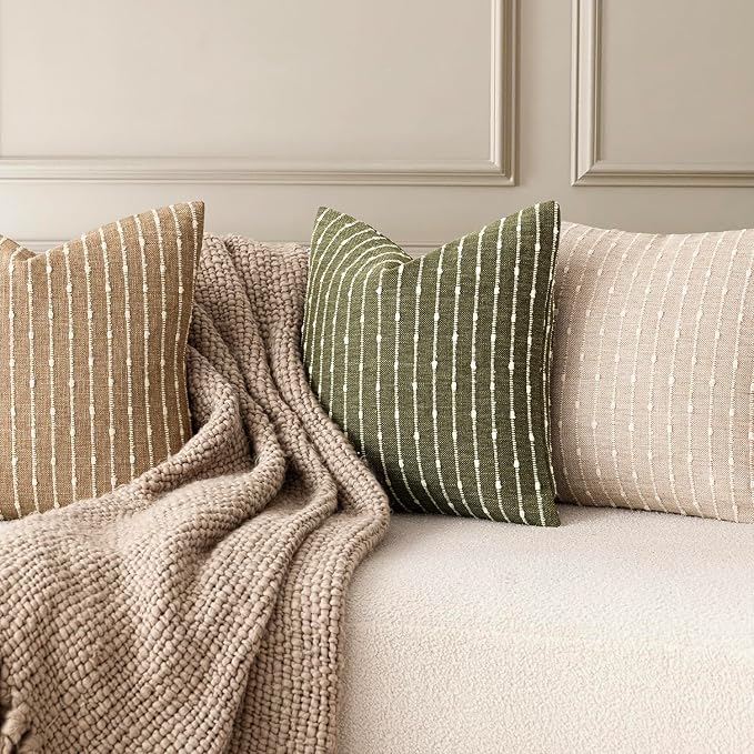 Foindtower Pack of 2 Decorative Jacquard Boucle Throw Pillow Covers Accent Textured Striped Pillowcases Soft Boho Modern Cushion for Couch Sofa Bedroom Living Room Home Decor 22x22 Inch Olive Green