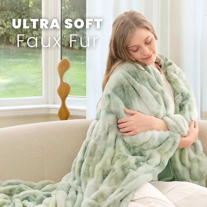 Ultra Soft Cozy Faux Fur Throw Blanket, Fuzzy Plush Thick Bubble Blanket, Luxury Fluffy Blanket for Couch, Sofa, Bedroom, and Living Room, 50x60 Inches,Tie-Dye Sage
