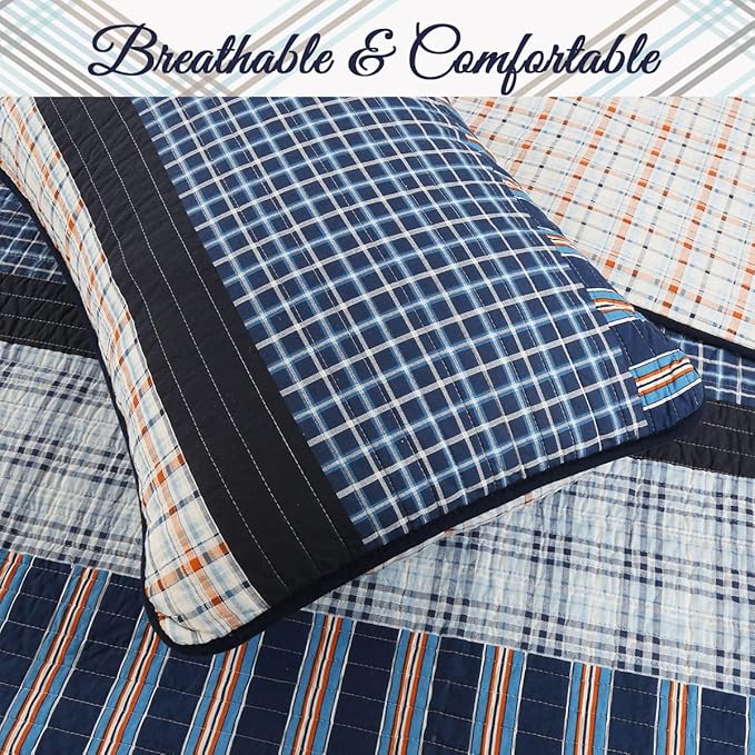 Cozy Line Home Fashions Bennett Quilt Bedding Set, Nautical Navy Orange Grid Striped 100% Cotton Reversible Coverlet Bedspread for Boy (Navy Orange, Twin - 2 Piece)