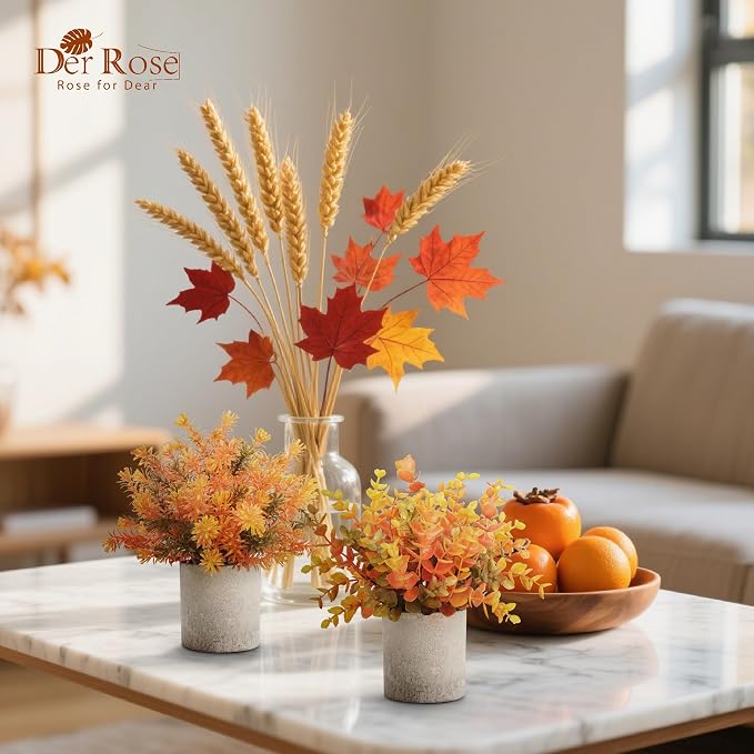 Der Rose 3 Pack Fake Plants Warm Orange Faux Plants for Fall Table Decor | Orange maple-toned eucalyptus, lightweight and compact, maintenance-free, autumn accents for shelf kitchen bedroom entryway