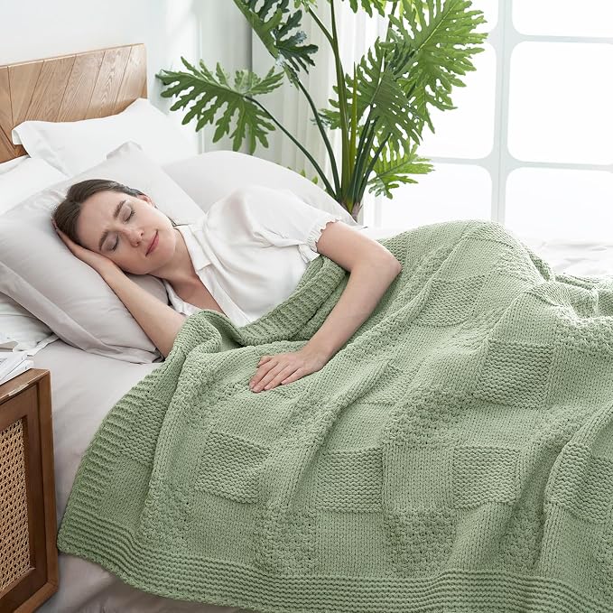Knit Throw Blanket, Soft Chenille Cozy Breathable Checkered Chunky Decorative Blanket for Couch, Bed & Sofa, French-Inspired Lightweight Warm Gift for Women, Sage Green, 50"x60"