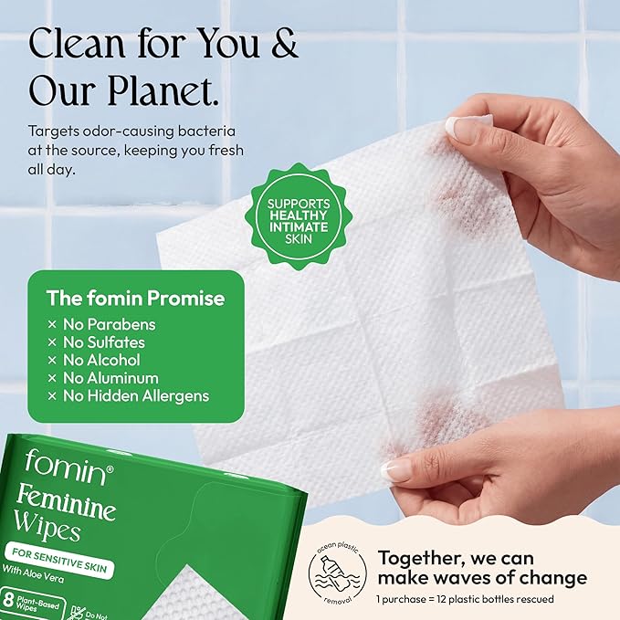 FOMIN Feminine Wipes for Women - 18 Pack (144 Wipes) - pH Balanced Aloe Vera Intimate Cleansing Wipes - Wipes for Sensitive Skin - Individual Packets -Travel Essentials & Gifts for Women & Teen Girls