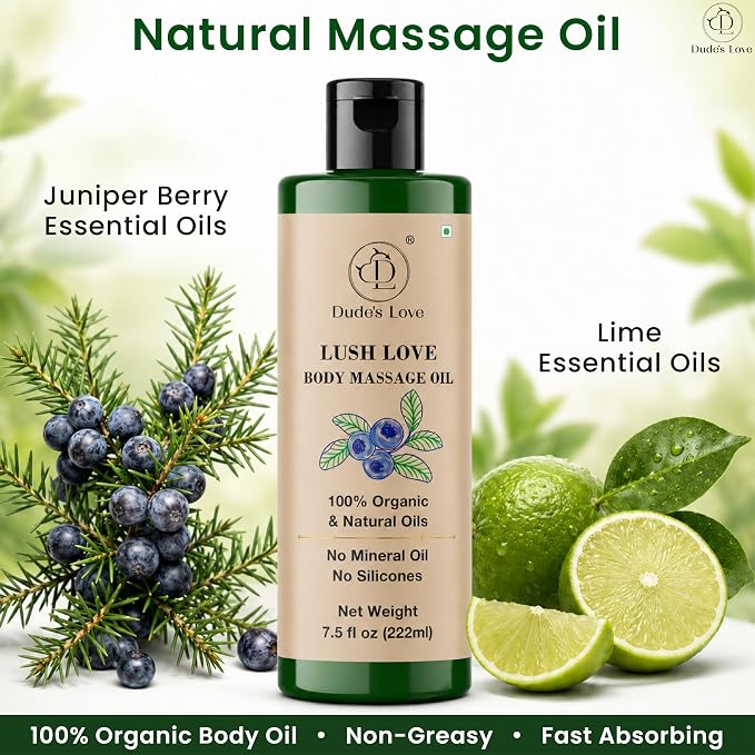Lush Love Refreshing Citrus Massage Oil – Lime & Juniper Berry Body Massage Oil with Natural & Organic Oils – Smooth Glide, Non-Greasy Feel for Massage, Body Care & Daily Wellness – 7.5 Fl Oz