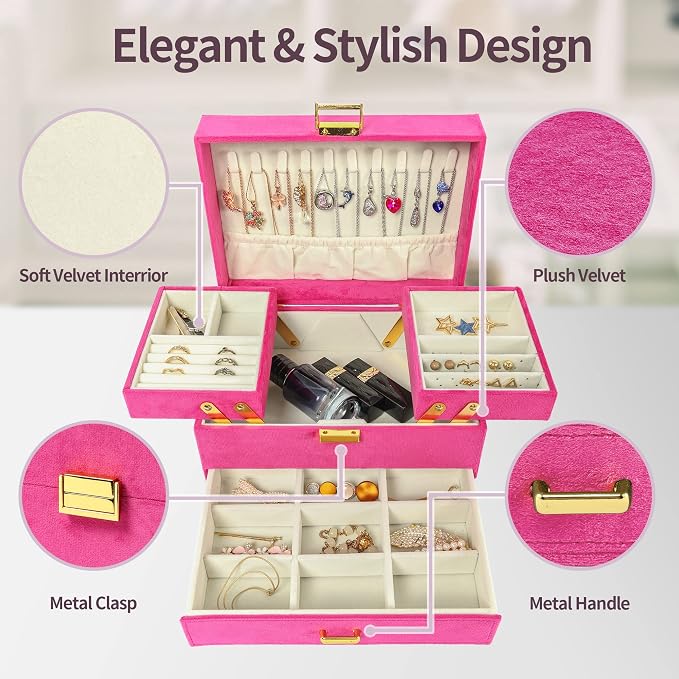 Jewelry Organizer Box, Large Jewelry Boxes for Women Girls, Space-Saving 3 Layers Jewelry Storage Case with Drawer, Gift Idea for Christmas, Valentine's Day, Birthday, Mother's Day (Red)