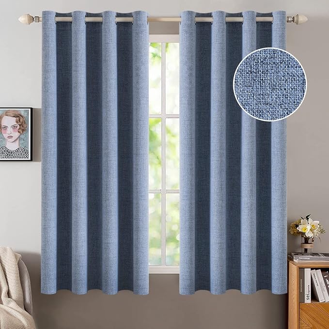 MIULEE Linen Texture Curtains for Bedroom Solid 100% Blackout Thermal Insulated Stone Blue Curtains Grommet Room Darkening Curtains/Drapes for Living Room 52x63 Inch (2 Panels)