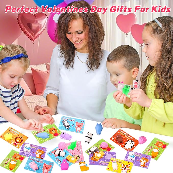 28 Pack Valentines Day Gifts for Kids Classroom Cute Mochi Squishies with Valentines Day Cards for Kids School, Valentines for Kids Class Exchange Cards Gifts Prizes Party Favors for Boys Girls