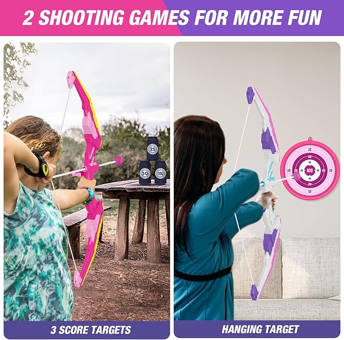 2 Pack Bow and Arrow for Kids, LED Light Up Archery Set with 24 Suction Cup Arrows, 2 Hanging Targets, 6 Score Targets & 2 Quiver, Indoor Outdoor Sport Toys for Girls Ages 4-12