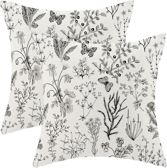 AEIOAE Spring Pillow Covers 24x24 Inch Set of 2,Black Gray Wild Flower Plant Throw Pillows Case,Seasonal Floral Outdoor Decorative Square Linen Farmhouse Decor Cushion Covers for Home Sofa Bed Couch