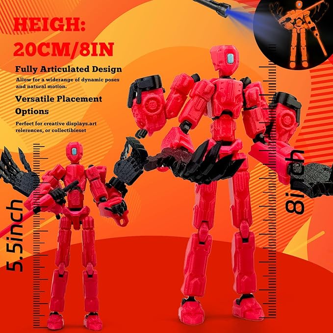 5.5Inch T13 Action Figure Assembly Completed, T13 3D Printed Action Figure Multi-Jointed Movable Robot Set,Collectors Desktop Decorations for Game Lovers Toys (Luminous Red)