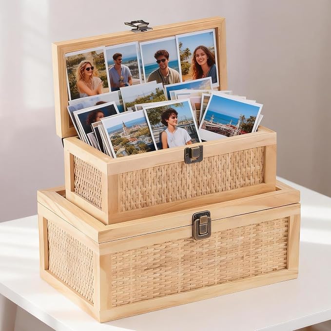 Rattan Decorative Boxes with Lids, Stackable Keepsake Box Set of 2 | Boho Decorative Box for Home Decor Secure Metal Latch Locks, Rustic Farmhouse Memory Box for Shelf, Photo, Wedding, Cards