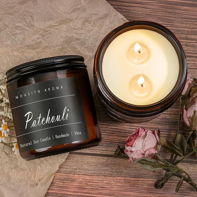 MOASITN Patchouli Large Heavenly Scented Candles for Home|19oz 100h Long Lasting Clean Burn|Natural Soy Aromatherapy Candle|2 Wick Jar Candle for Women,Men as Relaxing,Birthday,Housewarming Gifts