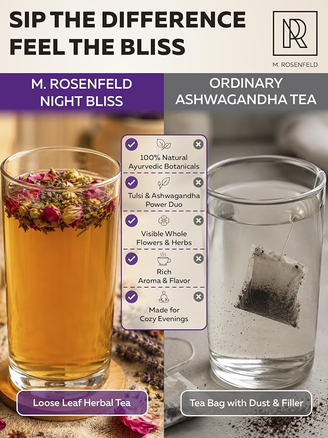 Night Bliss Tulsi Ashwagandha Tea Loose Leaf - Evening Ritual Herbal Blend for Sleep Support & Relaxation - Caffeine Free with Holy Basil, Chamomile, Lemongrass & Lavender, 4 oz