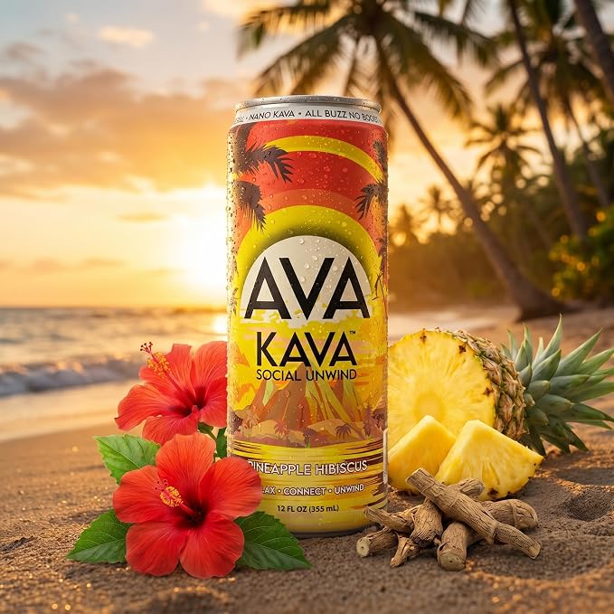 AVA Kava | Alcohol-Free Relaxation Drink | Pineapple Hibiscus | Fast Acting Nano Kava • Zero Sugar Alcohols • Vegan • Plant Based • No Preservatives • Natural Flavors • Non GMO • Gluten Free | 12oz Cans (6-Pack)
