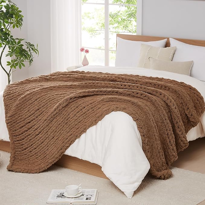 L'AGRATY Chunky Knit Throw Blanket for Couch, 50'' x 60'' Knit Throw, Brown | Handmade Chenille Crochet Blanket for Sofa Bed, Thick Cable Knitted Blankets for Room Home Decor, Birthday Gift for Women Mom