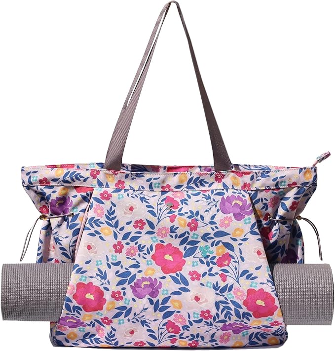 ESVAN Yoga Tote Bag for Women Drawstring Canvas Shoulder Bags for Workout Travel Carryall Pilates Gym and Beach