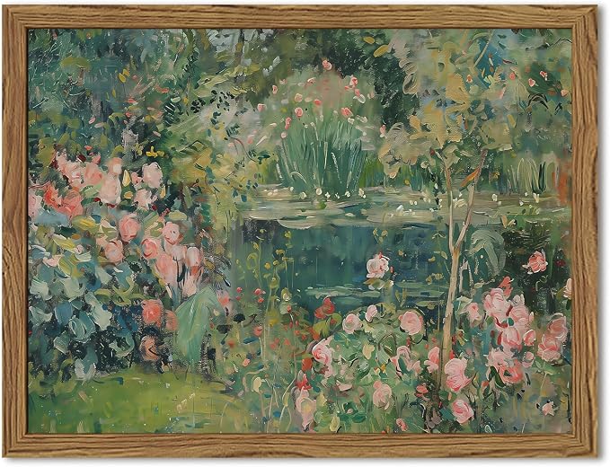 Framed Vintage Floral Landscape Canvas Wall Art, Rose Garden Pond Wall Decor Paintings, Rustic Cottagecore Nature Plant Pictures Prints Aesthetic Home Decor for Living Room Bedroom Bathroom 8x10 inch