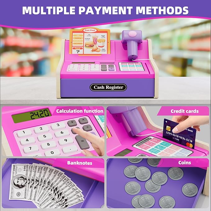 HYES Cash Registers for Kids, Rechargeable Pretend Play Toys Supermarket & Fast Food Restaurant, Cashier Toy with Play Money, Pretend Food, Birthday Gifts for Kids Boy & Girl Age 4-8, Pink