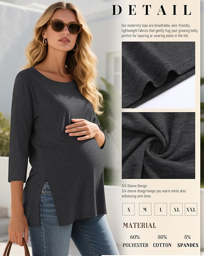 3 Pack Women's 3/4 Sleeve Maternity Shirts Elbow Length Clothes Round Neck Tunics Pregnancy Loose Side Split Tops