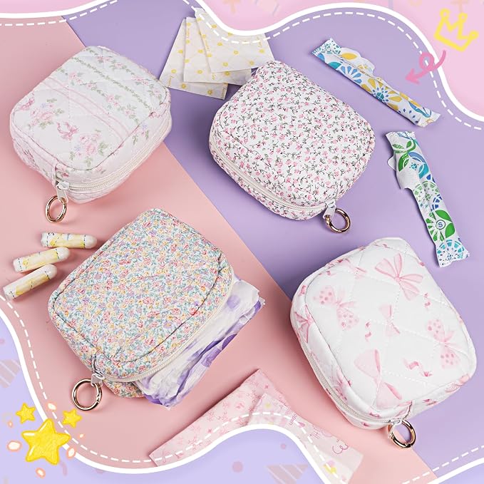 Period Bag for Teen Girls, Quilted Sanitary Napkin Storage Bag, Cute Menstrual Pad Pouch Tampon Holder (Pink Floral)