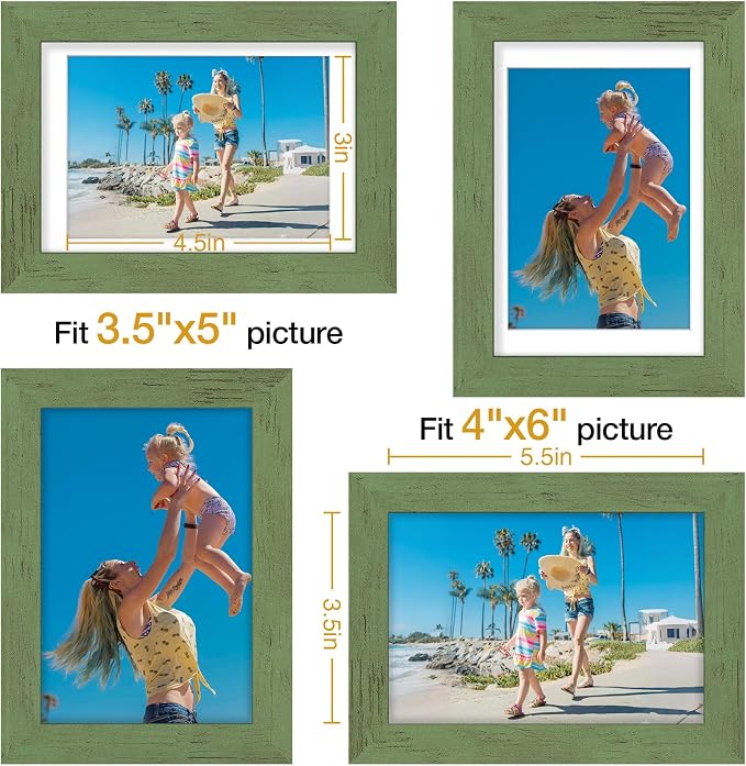 Vittanly 4x6 Picture Frames Set of 9, Wall & Tabletop, Rustic Green | Display Pictures 3.5x5 with Mat or 4x6 without Mat, Small Photo Frames, Engineered Wood with Shatter Resistant Plexiglass