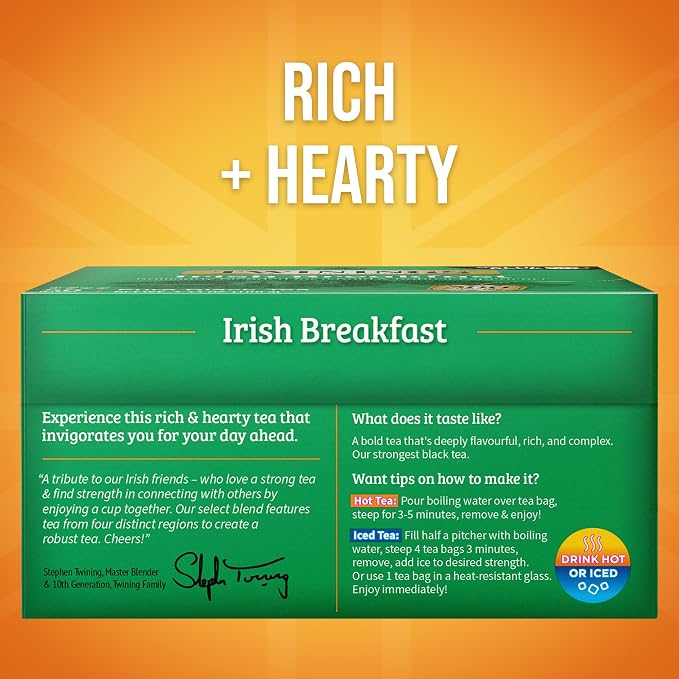 Twinings Irish Breakfast Black Tea Individually Wrapped Bags, 50 Count (Pack of 6), Flavourful, Bold, Robust, Caffeinated, Enjoy Hot or Iced, 300 Teabags
