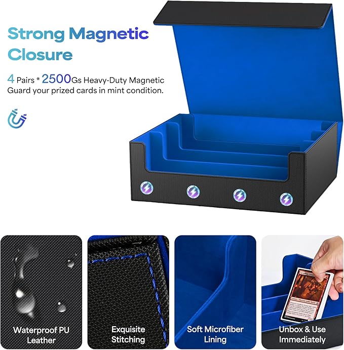 UAONO Trading Card Storage Box, Holds 1800 Sleeved Cards with 10 Dividers & 3 Stoppers, Magnetic Closure PU Leather Card Case for MTG, PTCG, YGO, Sports Cards (Black&Blue)