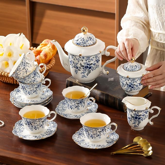 TATSUMI Country Roses Porcelain Tea Set, European Ceramic tea set for adults,Vintage Style, For Women and Tea Parties (BLUE, 21 Pieces Set)