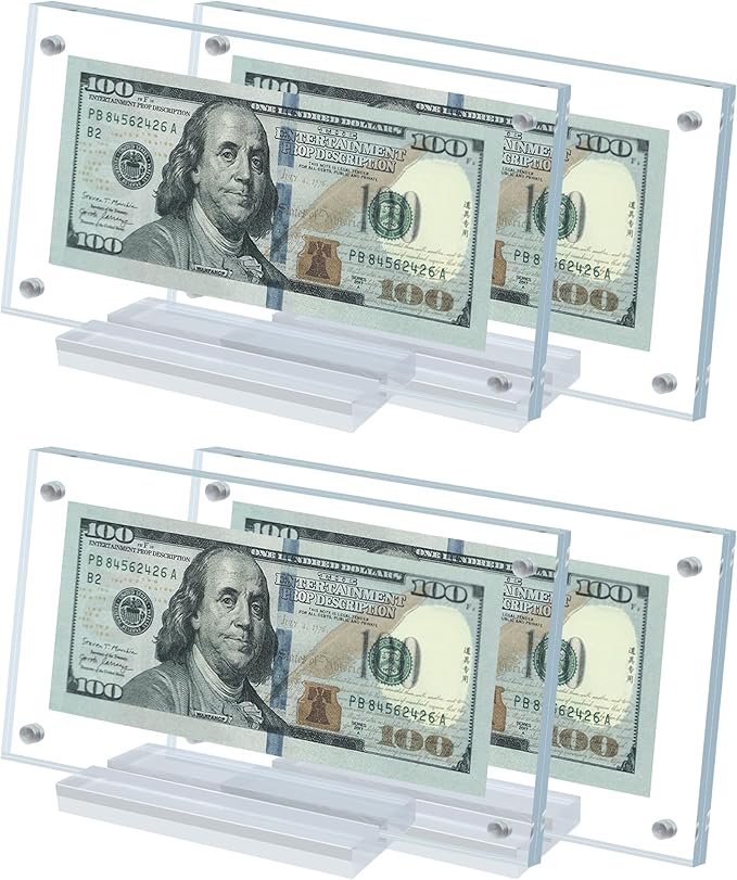 4 Pcs Dollar Bill Frame Display Acrylic Dollar Bill Holder for Collectors Currency Frame Display Case Double-Sided Transparent Ticket Banknotes Stamp Photo Protector(Transparent-4)