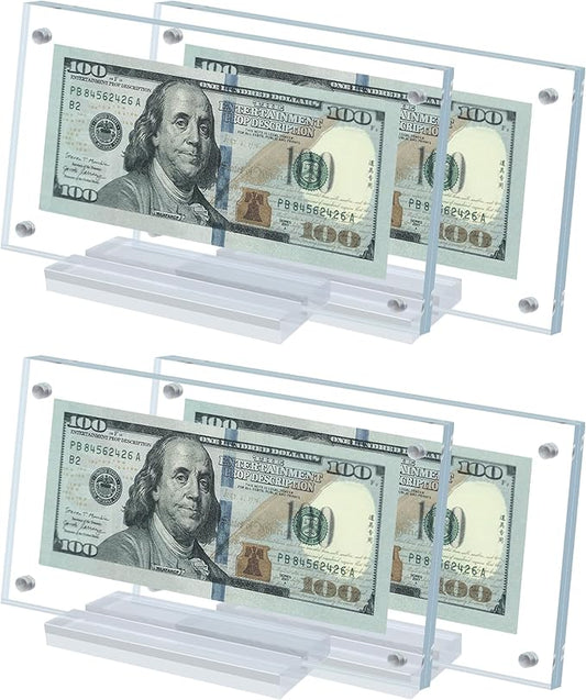 4 Pcs Dollar Bill Frame Display Acrylic Dollar Bill Holder for Collectors Currency Frame Display Case Double-Sided Transparent Ticket Banknotes Stamp Photo Protector(Transparent-4)