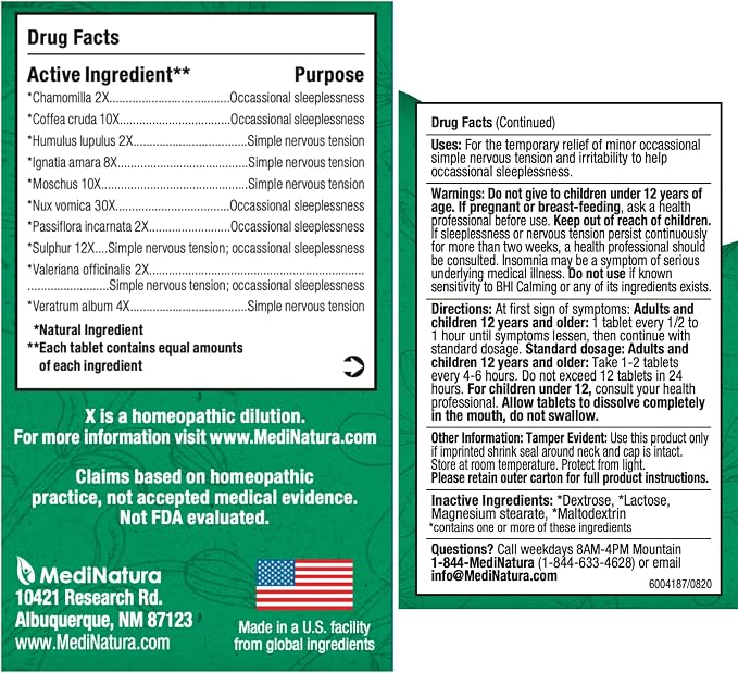 MediNatura BHI Calming Support Tablets – Natural, Plant-Based Support for Simple Nervous Tension, Irritability & Sleeplessness – Relaxation & Nighttime Support – 100 Count