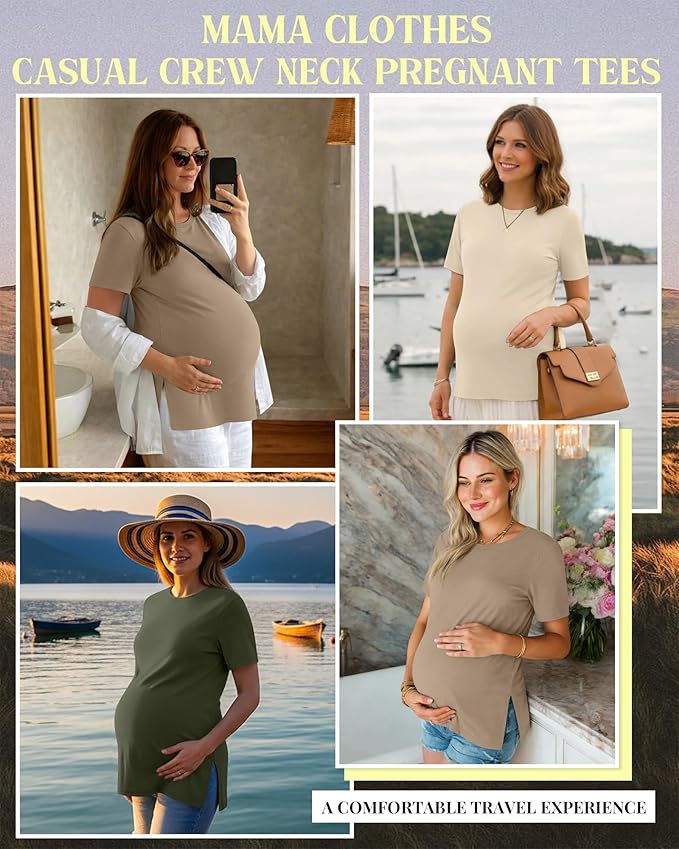 Ficerd 3 Pack Women's Maternity T Shirts, Short Sleeve Side Split Pregnancy Tops Casual Crew Neck Pregnant Tees Mama Clothes