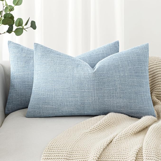 MIULEE Pack of 2 Decorative Linen Burlap Textured Pillow Covers Farmhouse Boho Accent Lumbar Pillowcases Spring Coastal Home Decor for Couch Sofa Bedroom Living Room 12x20 Inch Light Blue