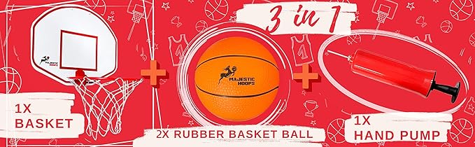 Majestic Hoops Mini Basketball Hoop - Indoor Basketball Hoop - Durable Plastic Basketball Hoop for Kids and Adults - No Assembling - Premium Basketball Game with Ball and Pump