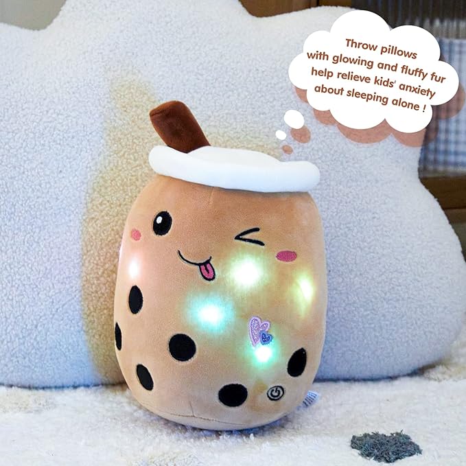 Athoinsu Light Up Chocolate Boba Milk Tea Plush Pillow,15'' Kawaii Bubble Stuffed Animal Toy with LED Lights,Birthday Christmas Holiday Valentines Gifts for Kids,Girls,Boys